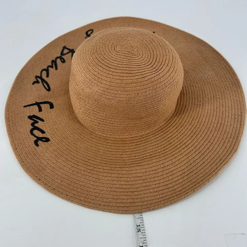 Vivian Collection Straw Wide Brim Floppy Sun‎ Hat Resting Beach Face Tan Black